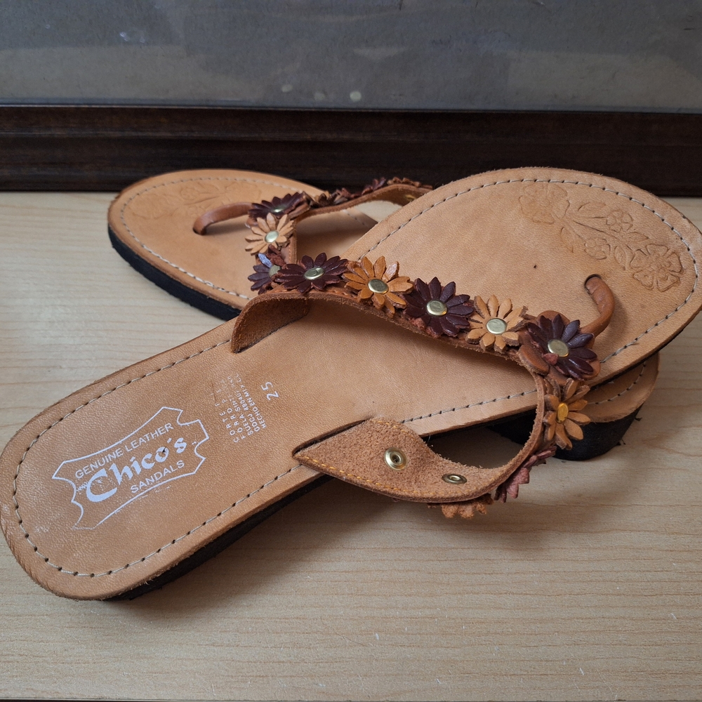 Chico's Brown Genuine Leather Sandals with Floral Accents